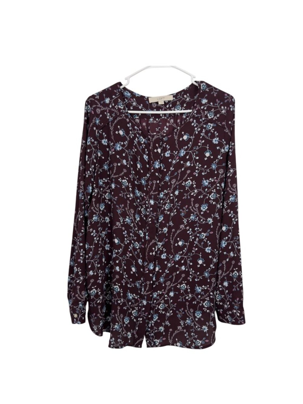 Loft Womens Floral Dark Burgundy Button-Down Blouse Sz L Long Sleeve Lightweight